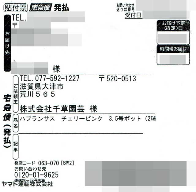 「千草園芸」の貼付票の画像